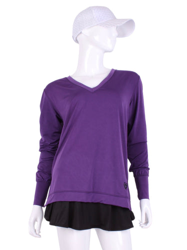 Purple Long Sleeve Very Vee Tee. It’s called the Long Sleeve Very Vee Tee - because as you can see - the Vee is - well you know - VERY VEE!  For the tennis lady who loves to leave her chest open - but cover her arms (and other bits) this top is seductive in a sweet way!  You feel nearly naked in it.  So go ahead - hit that ace!  Flattering and free - that’s what this top is.  The most preppy of my tops - looks just as good tied around the shoulders as it does on.