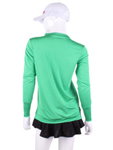 Load image into Gallery viewer, Green Long Sleeve Very Vee Tee. This top is soooo gorgeous!    It’s called the Long Sleeve Very Vee Tee - because as you can see - the Vee is - well you know - VERY VEE!  For the tennis lady who loves to leave her chest open - but cover her arms (and other bits) this top is seductive in a sweet way!  You feel nearly naked in it.  So go ahead - hit that ace!  Flattering and free - that’s what this top is.  The most preppy of my tops - looks just as good tied around the shoulders as it does on! 
