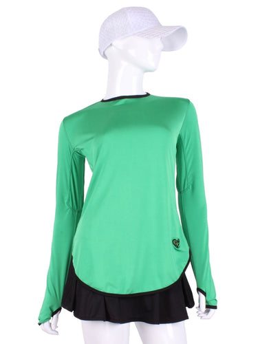 Long Sleeve Crew Soft Green with Black Trim. This long sleeve top is the most feminine and flowing of my collection.  It is comfortable with binding on the neckline, poofy at the wrists and soft hem at the hips.  The fabrics are super soft yet warm.    Fully machine washable.  Hang to dry.  Designed by Adeline, and proudly sewn in Los Angeles from lovely imported fabric.